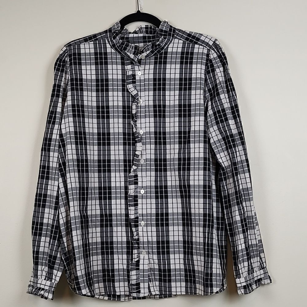 LOFT Long Sleeve Button Down Ruffled Blouse Black and White Plaid